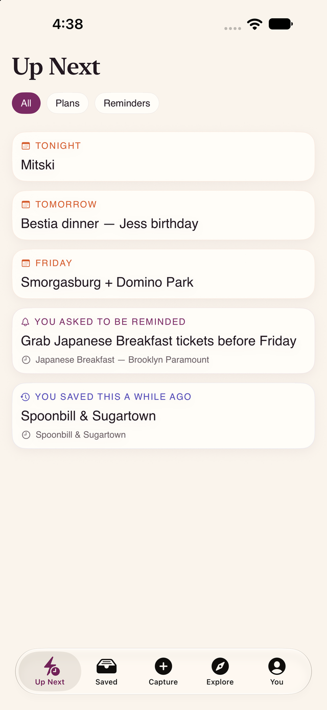 Plumly's Up Next screen: tonight's Mitski show, tomorrow's dinner, a Friday plan, a reminder you asked for, and a place you saved a while ago.