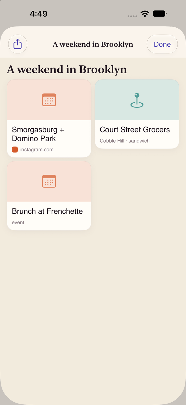 A Plumly Guide titled A weekend in Brooklyn, showing saved places and events like Smorgasburg, Court Street Grocers, and brunch at Frenchette, with a share button.